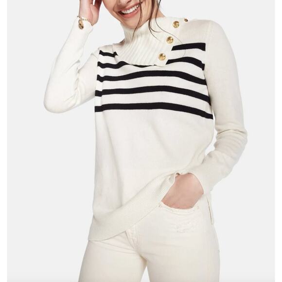 NEW Tory Burch Sandra Cream Striped Turtleneck Cowl Cashmere Sweater Size Small